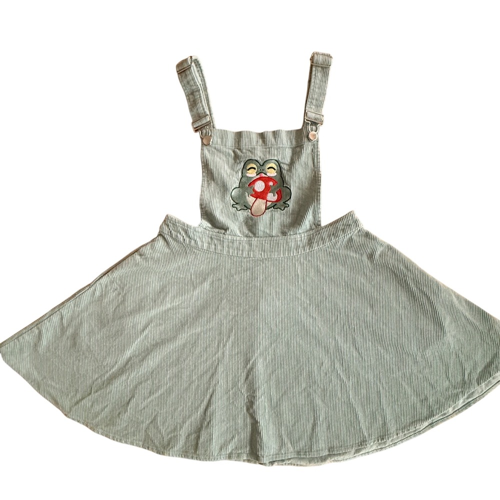HT Fairy Goblin Cottagecore Frog Mushroom Kawaii Green Corduroy Overall Dress M